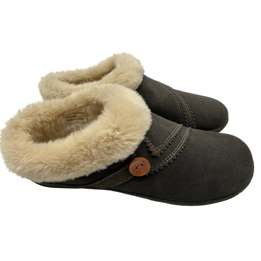 Clarks Kimberly Slippers Womens 9M Gray Excellent Suede Faux Fur Lined Clogs